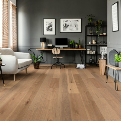 warm toned wood flooring in home office